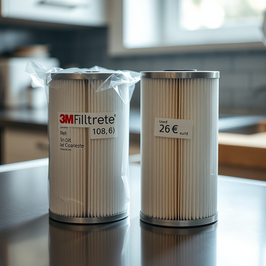 A photorealistic photo of two 3M Filtrete replacement filter cartridges