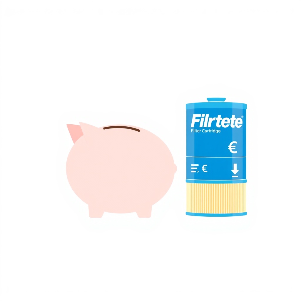A simple clean illustration showing a piggy bank next to a blue 3M Filtrete filter cartrid