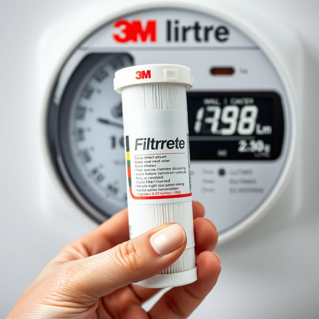 Close-up of a hand holding a brand-new 3M Filtrete filter cartridge