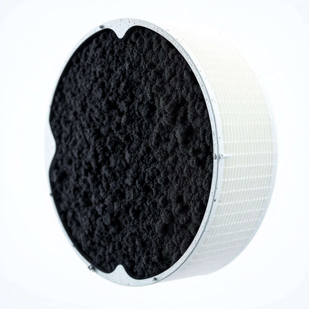 Cross-section of a used 3M Filtrete filter showing dark