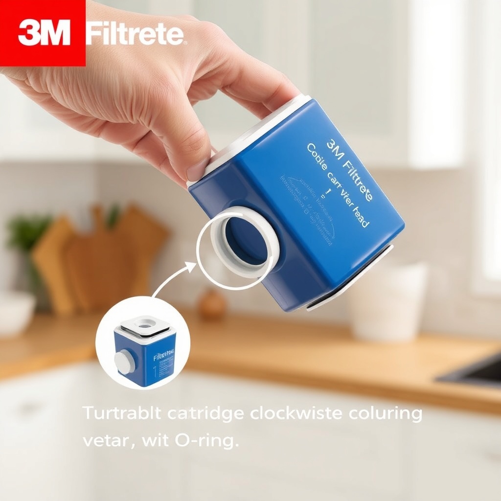 A simple step-by-step illustration showing a hand turning a blue 3M Filtrete cartridge clo