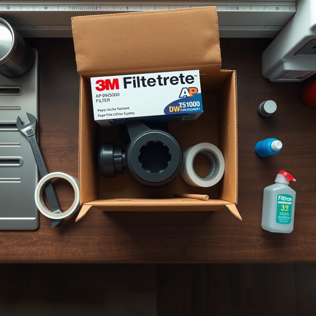 A photorealistic top-down view of a tidy kitchen counter with a 3M Filtrete AP-DWS1000 fil