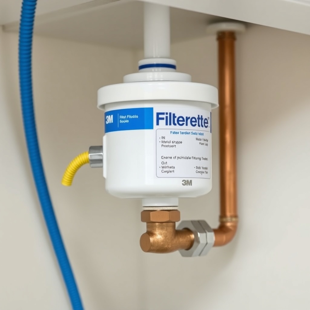 A photorealistic close-up of a 3M Filtrete filter head mounted vertically to a white kitch