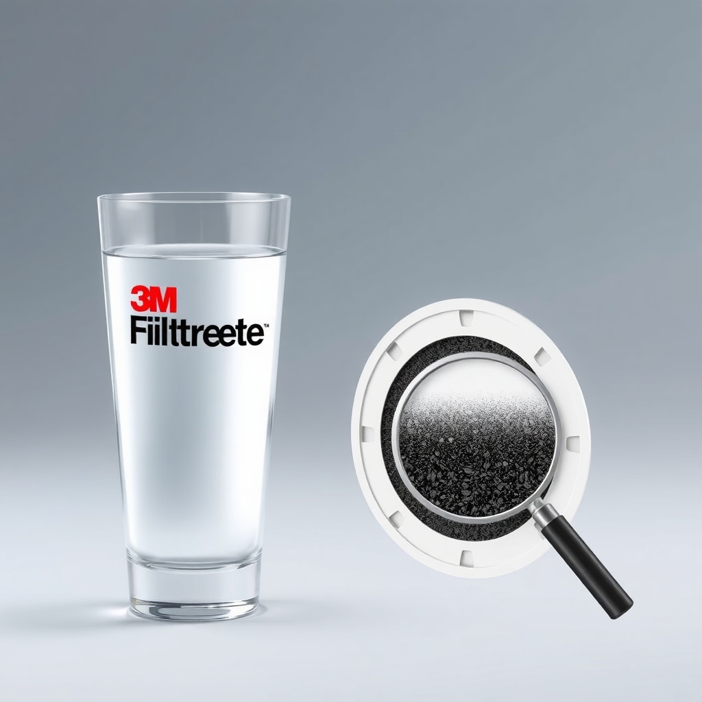 A clean illustration of a glass of clear water next to a 3M Filtrete filter cartridge cros