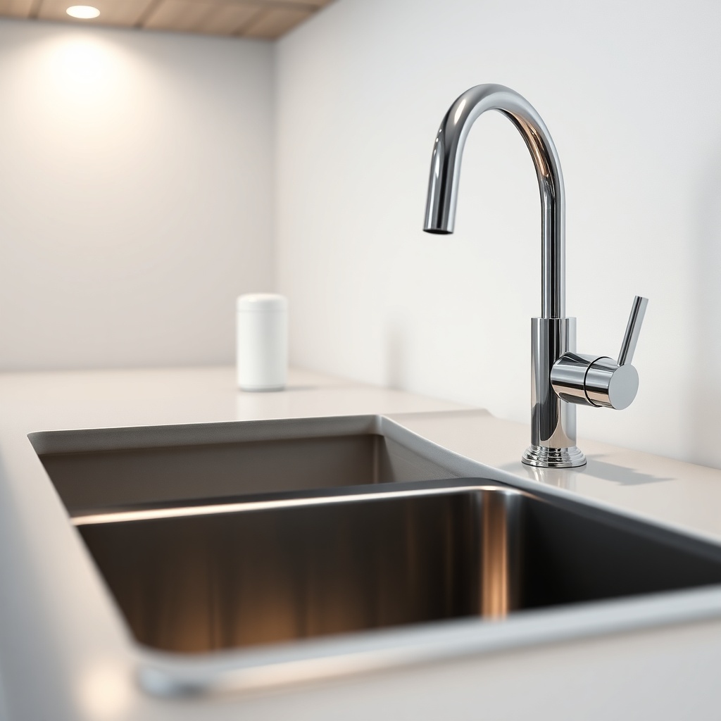 A clean photorealistic photo of a modern kitchen sink with a chrome faucet