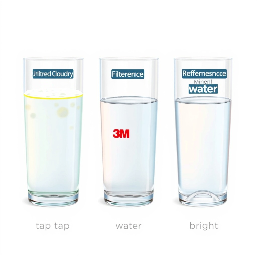 A simple illustration showing three water samples with labels: unfiltered tap water (cloud