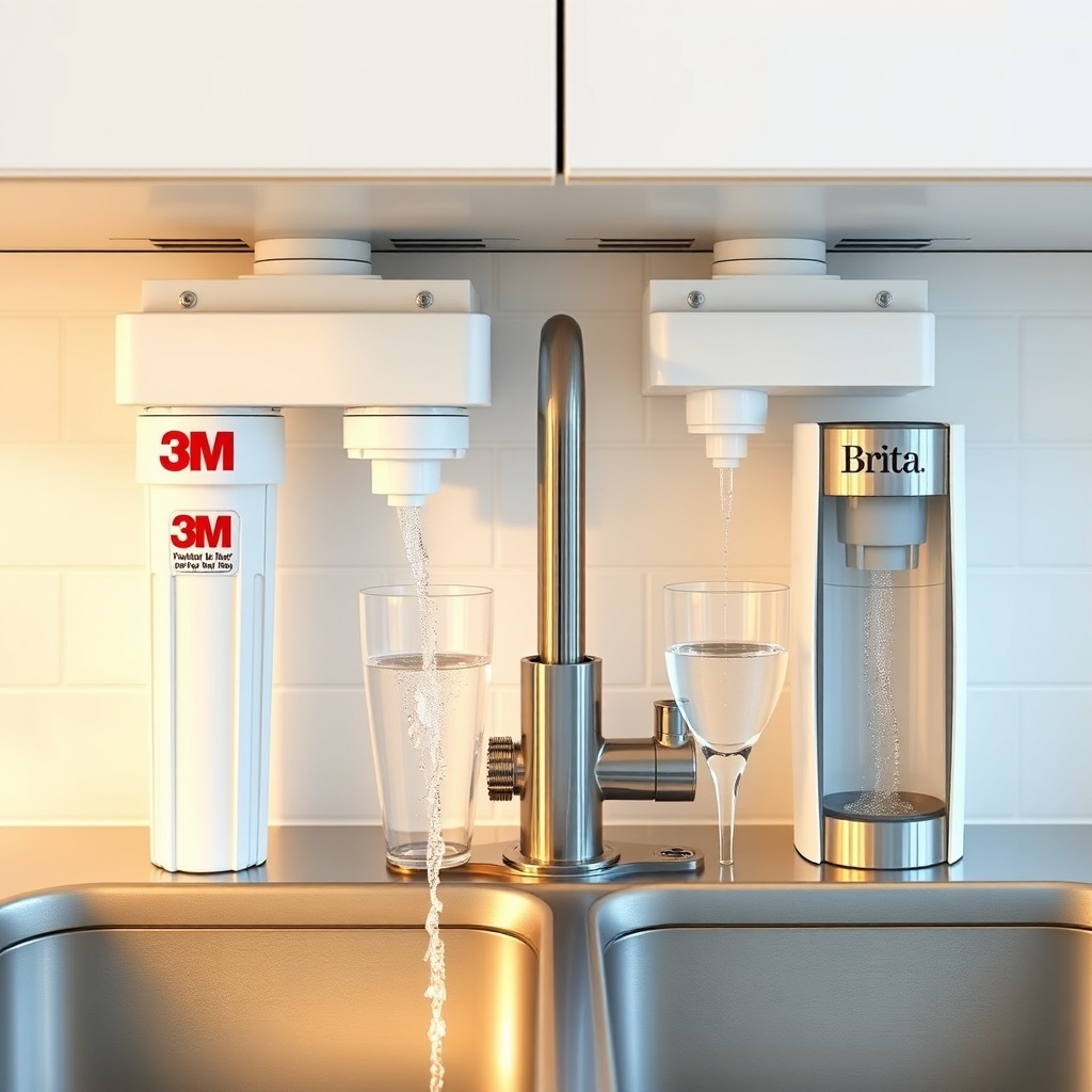 A clean modern kitchen counter with two different under-sink water filter systems installe
