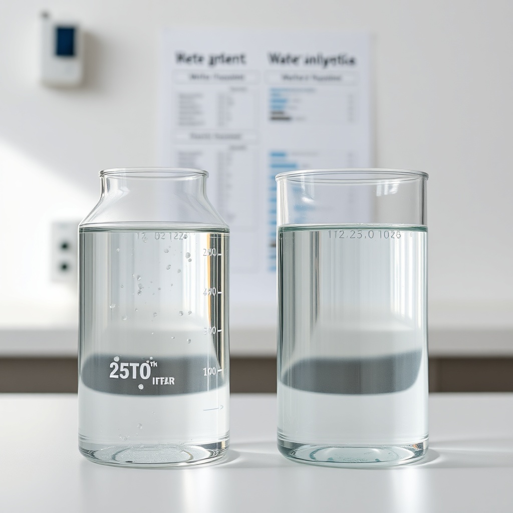 Two clear glass beakers filled with water from different filter systems