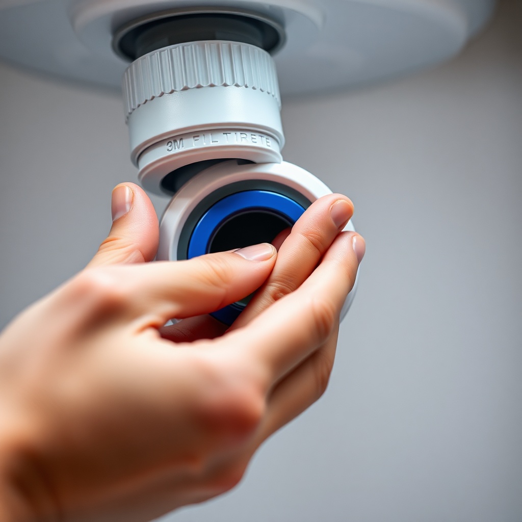 A clean photorealistic close-up of a 3M Filtrete under-sink filter system with a hand gent