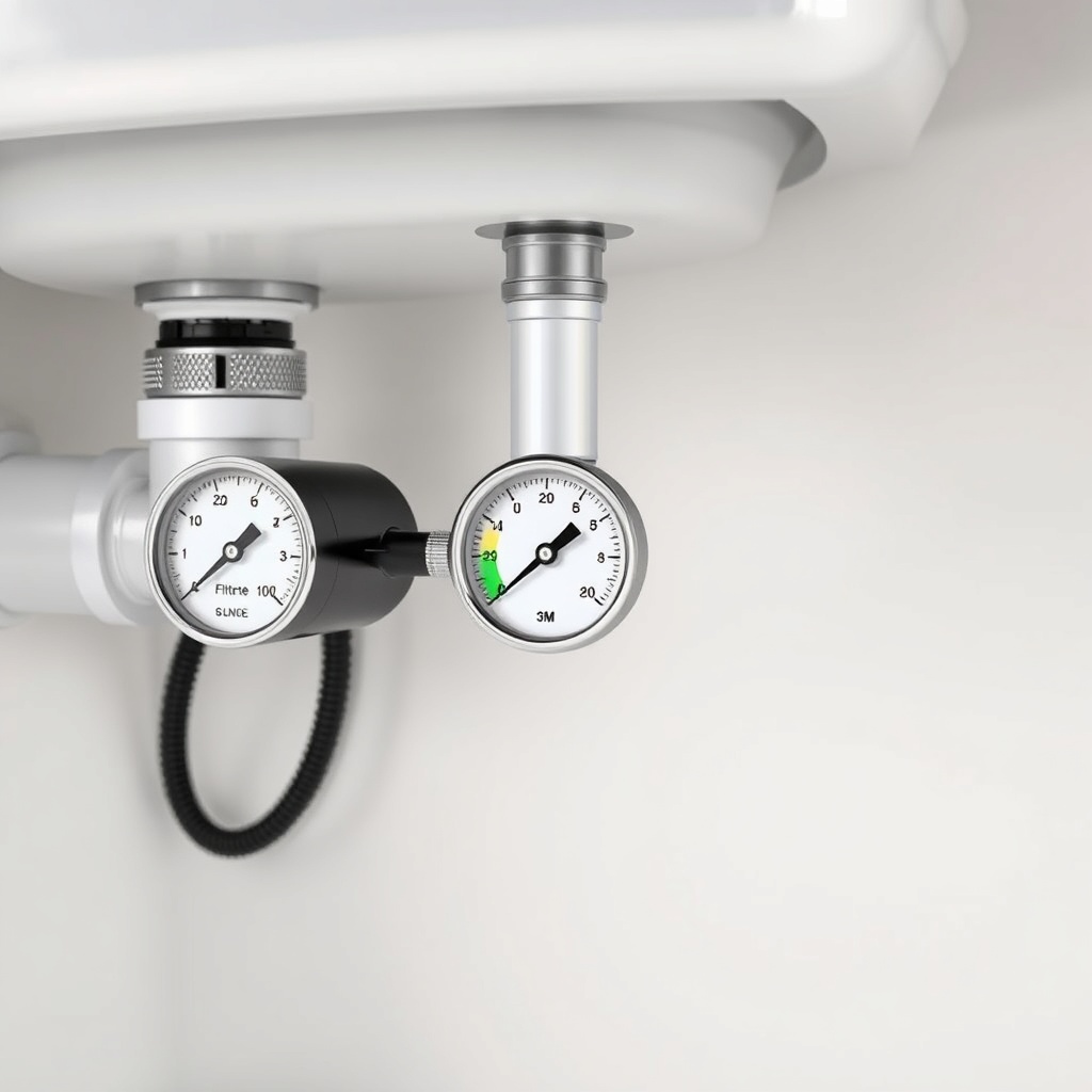A photorealistic illustration showing a 3M Filtrete system under a kitchen sink with a wat