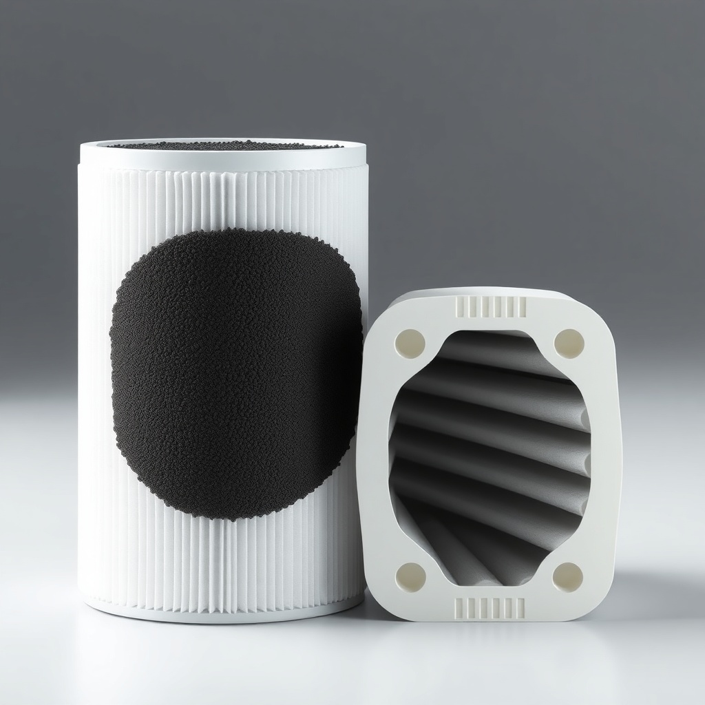 A photorealistic illustration showing a cross-section of a used 3M Filtrete filter cartrid