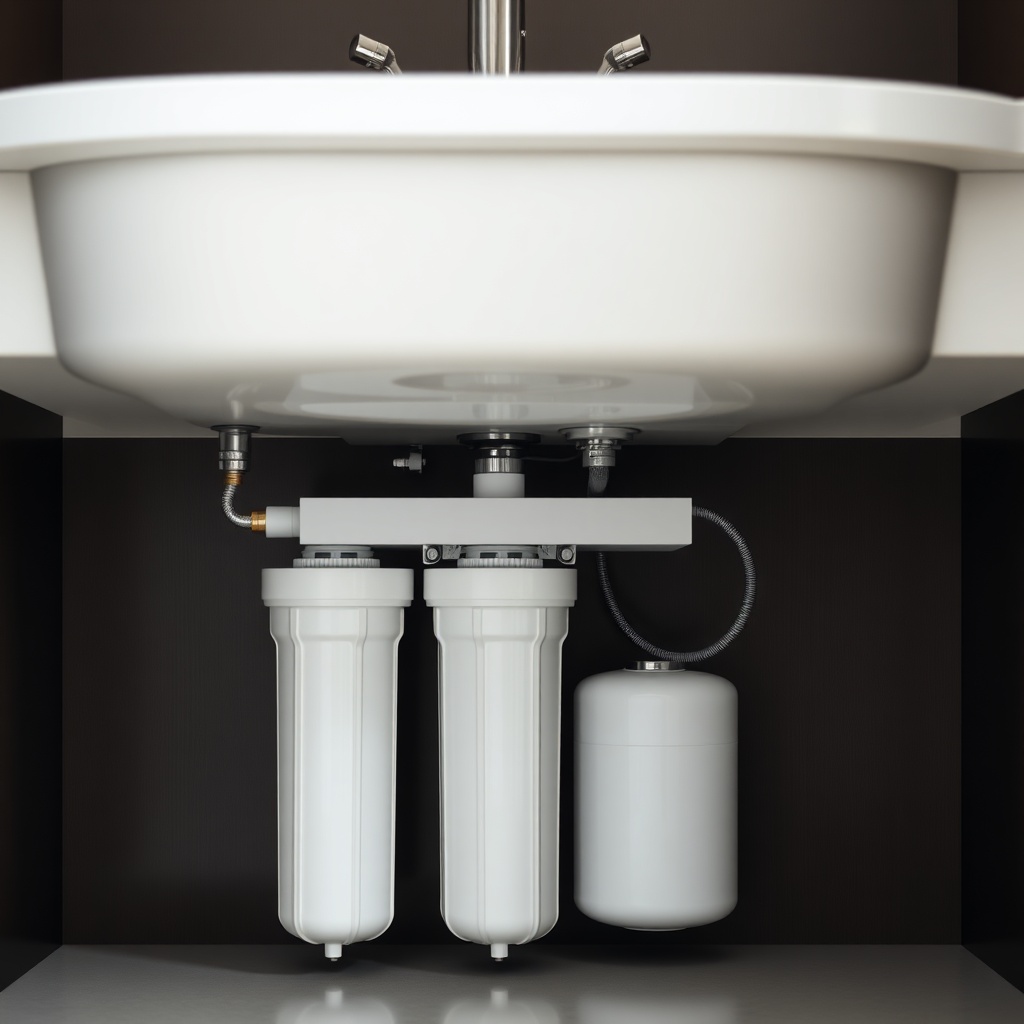 Photograph of a sleek modern under-sink water filter system installed beneath a kitchen si