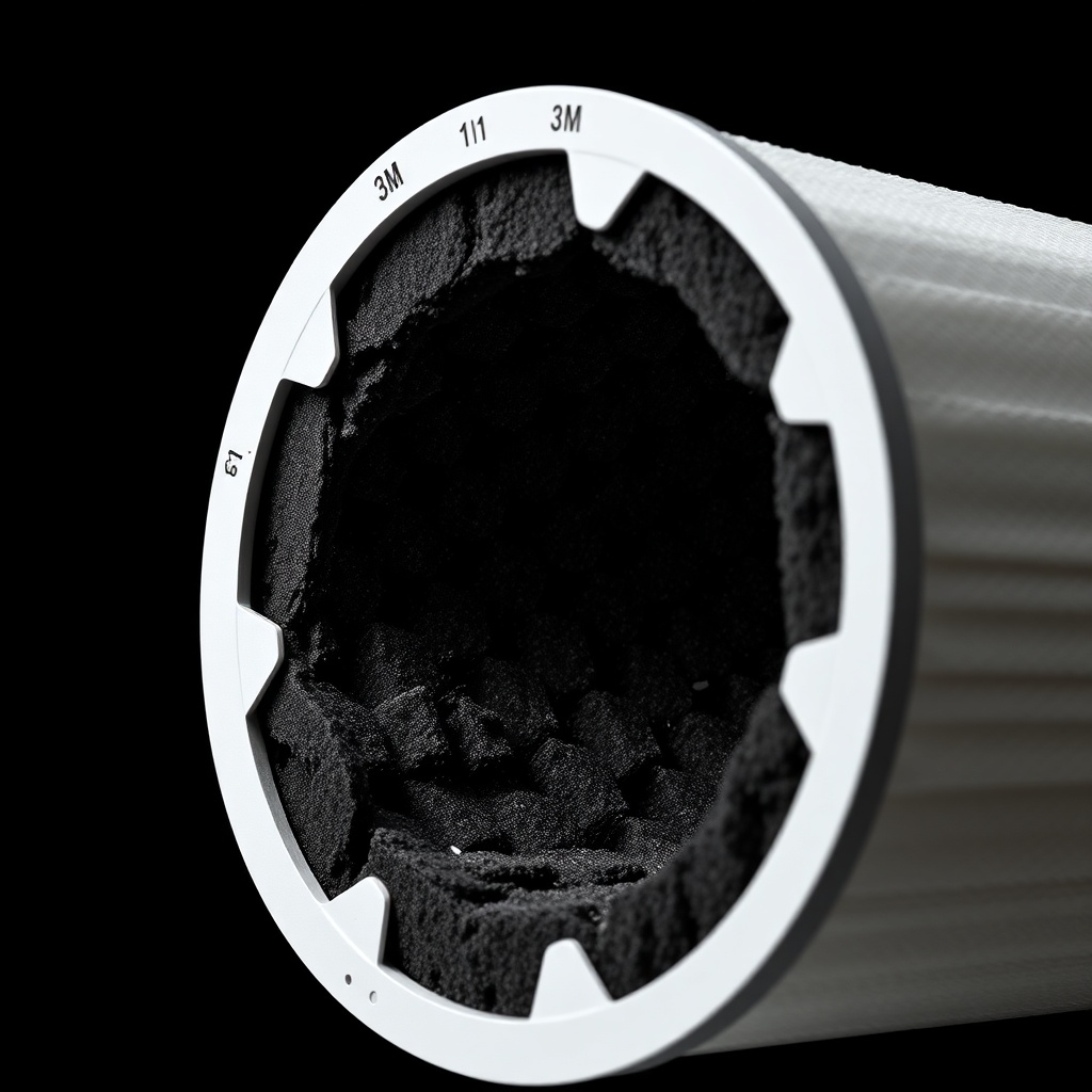 A detailed close-up shot of a 3M Filtrete filter cartridge cross-section