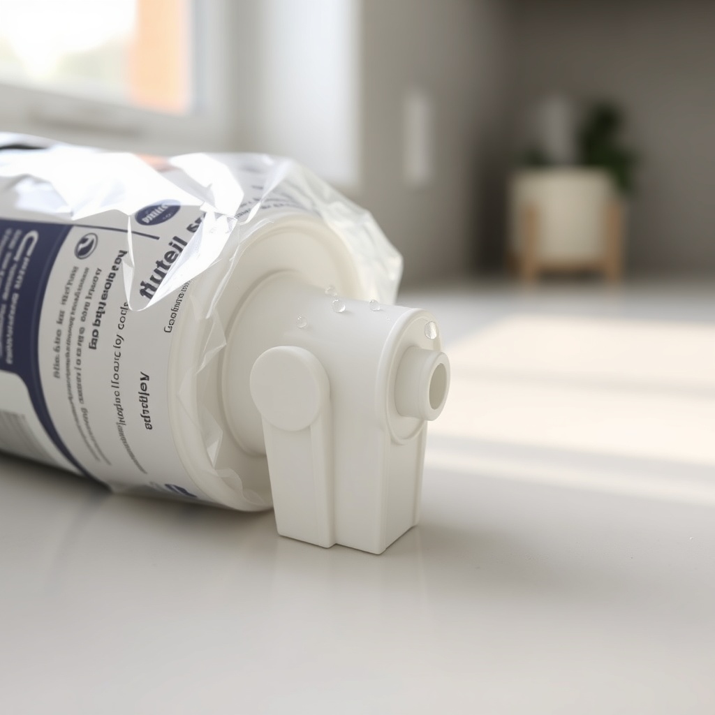 A close-up of a white Brita Marella filter cartridge partially pulled out of its sealed pa