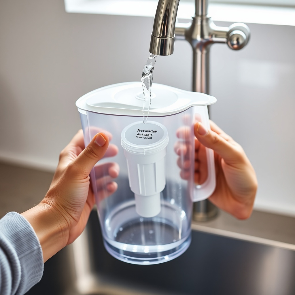 A person's hands holding a white Brita Marella jug under a kitchen faucet