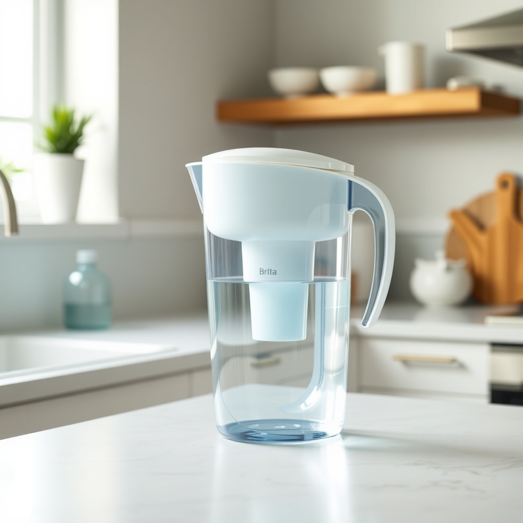 A clean photorealistic photo of a Brita Marella water filter jug placed correctly on a kit