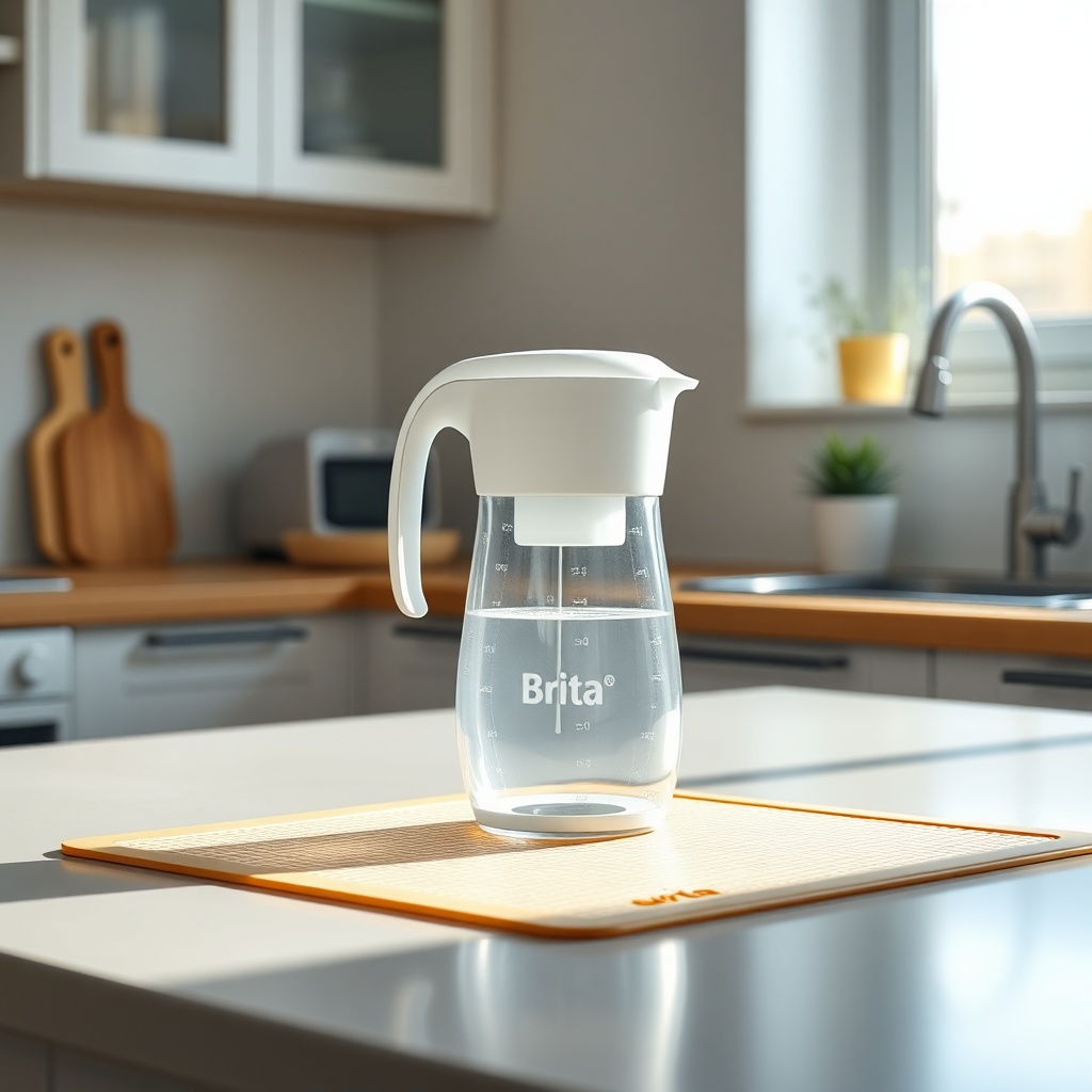 A clean photorealistic photo of a kitchen counter with a Brita Marella jug placed on a sil
