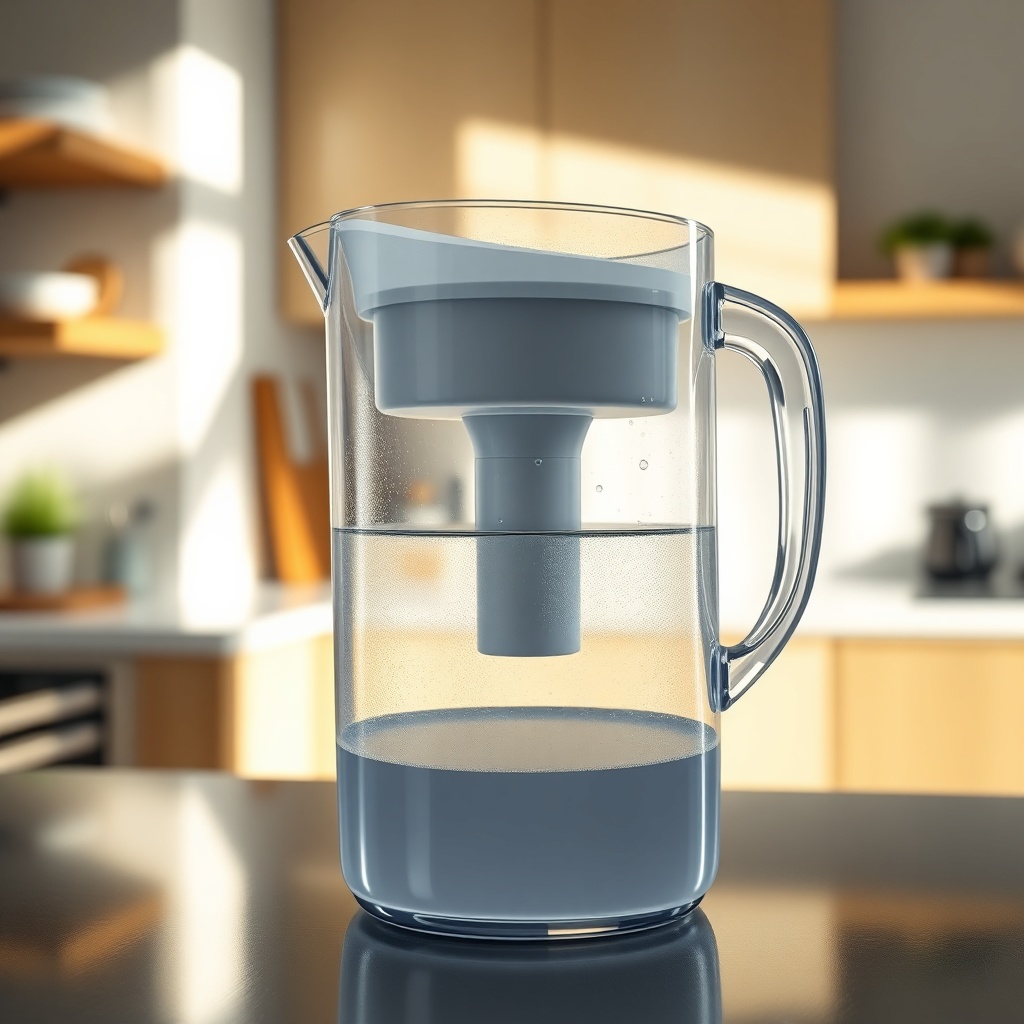 A clean photorealistic close-up of a Brita Marella water filter jug with condensation on t