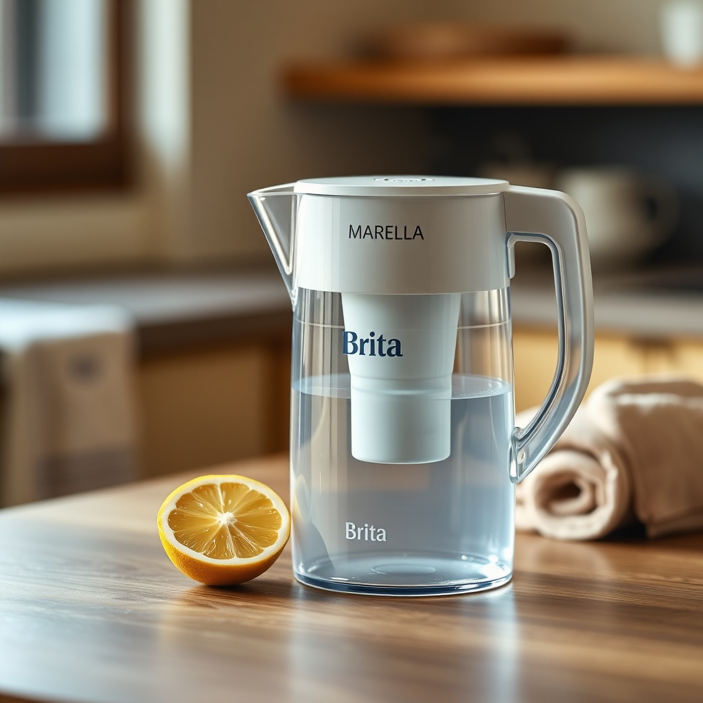 A photorealistic editorial shot of a Brita Marella water filter jug on a wooden table with