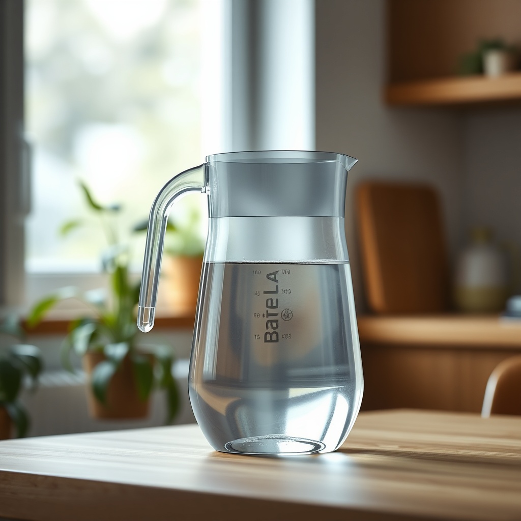 A photorealistic photo of a modern Brita Marella jug sitting on a wooden kitchen table