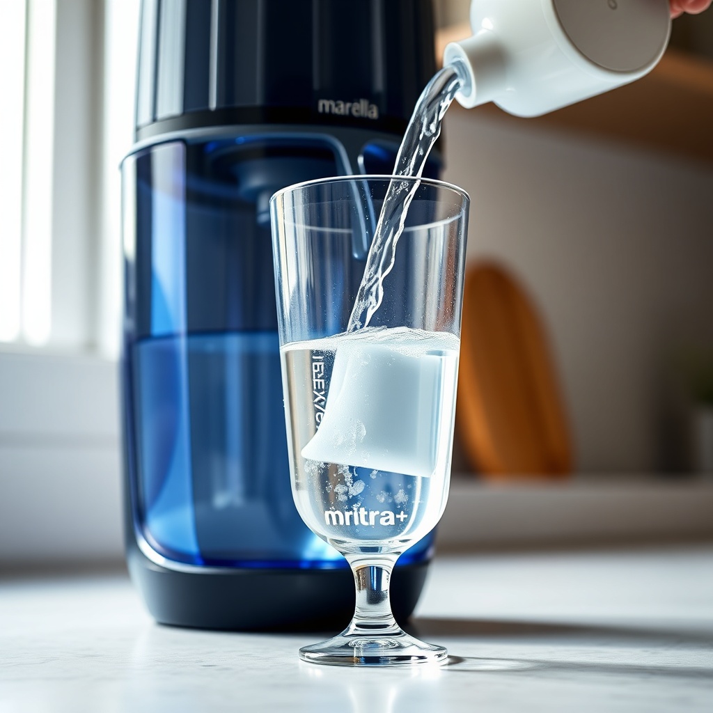 A photorealistic close-up shot of a Brita Marella water filter with a MAXTRA+ cartridge pa