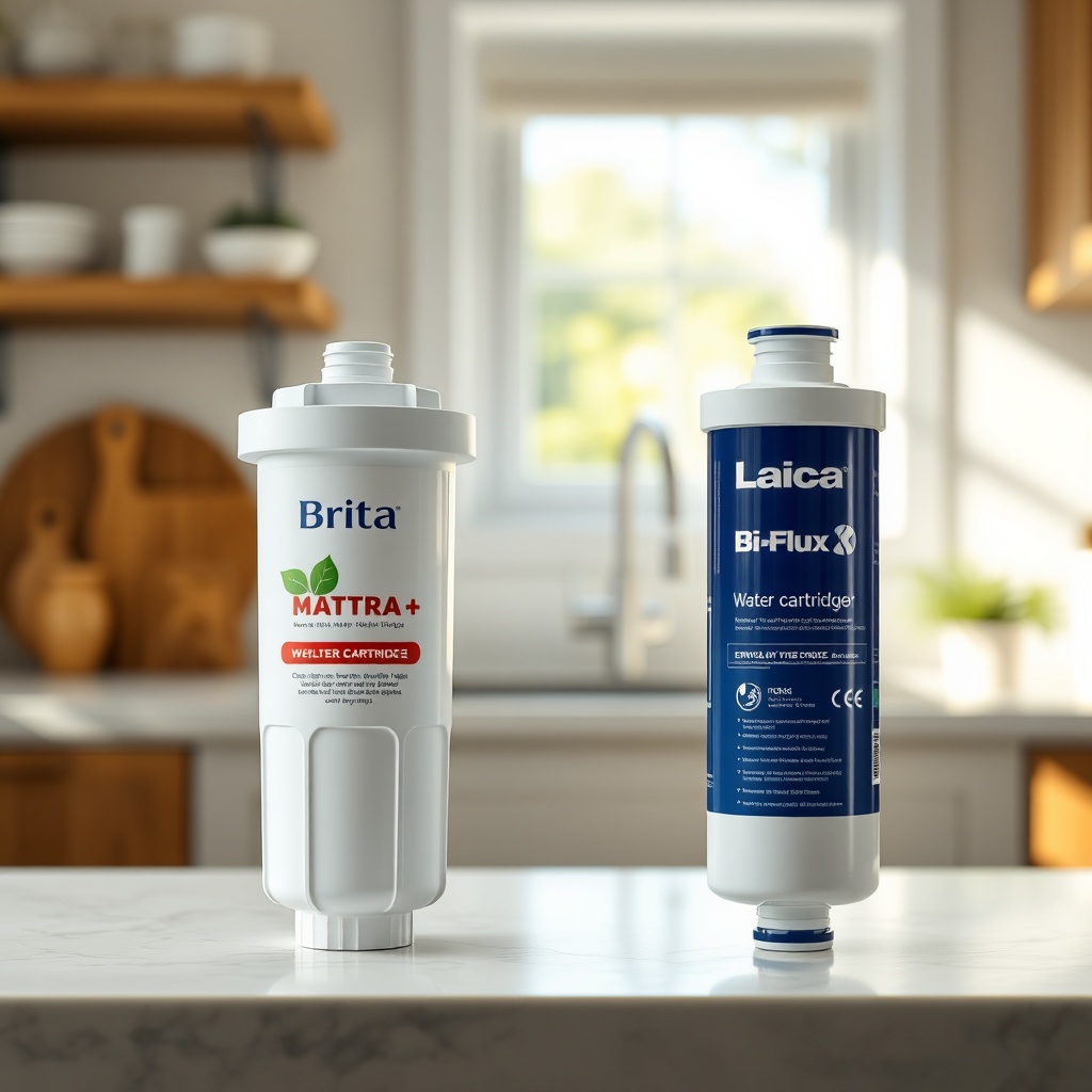 A photorealistic image of two water filter cartridges side by side – one Brita MAXTRA+ and