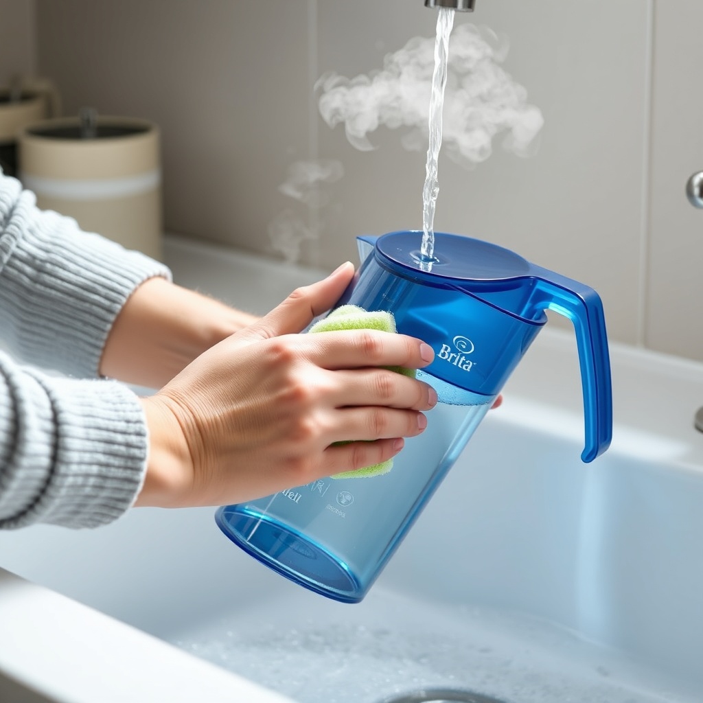 A person carefully washing a transparent blue Brita Marella water filter jug with a soft s