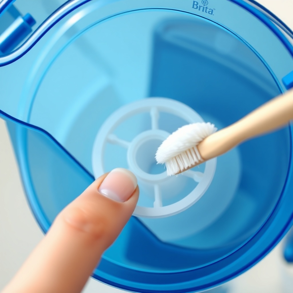 A close-up of a Brita filter cartridge being removed from the blue water filter jug
