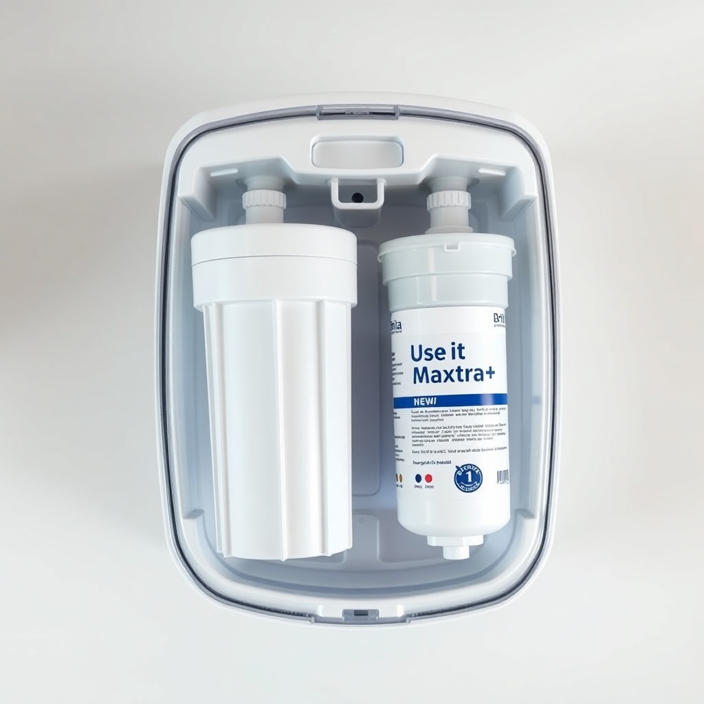 A photorealistic overhead view of an open Brita Marella water filter with a used and a new