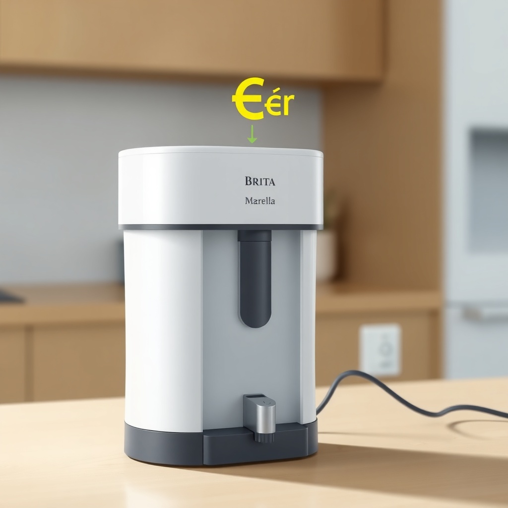 A clean photorealistic illustration of a Brita Marella water filter on a kitchen table nex