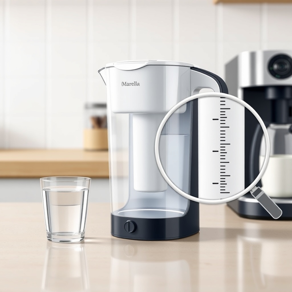 A photorealistic illustration of a Brita Marella water filter jug on a kitchen counter nex
