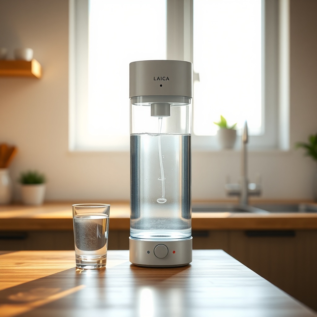 A clean photorealistic photo of a Laica Jolly water filter filled with clear water on a mo