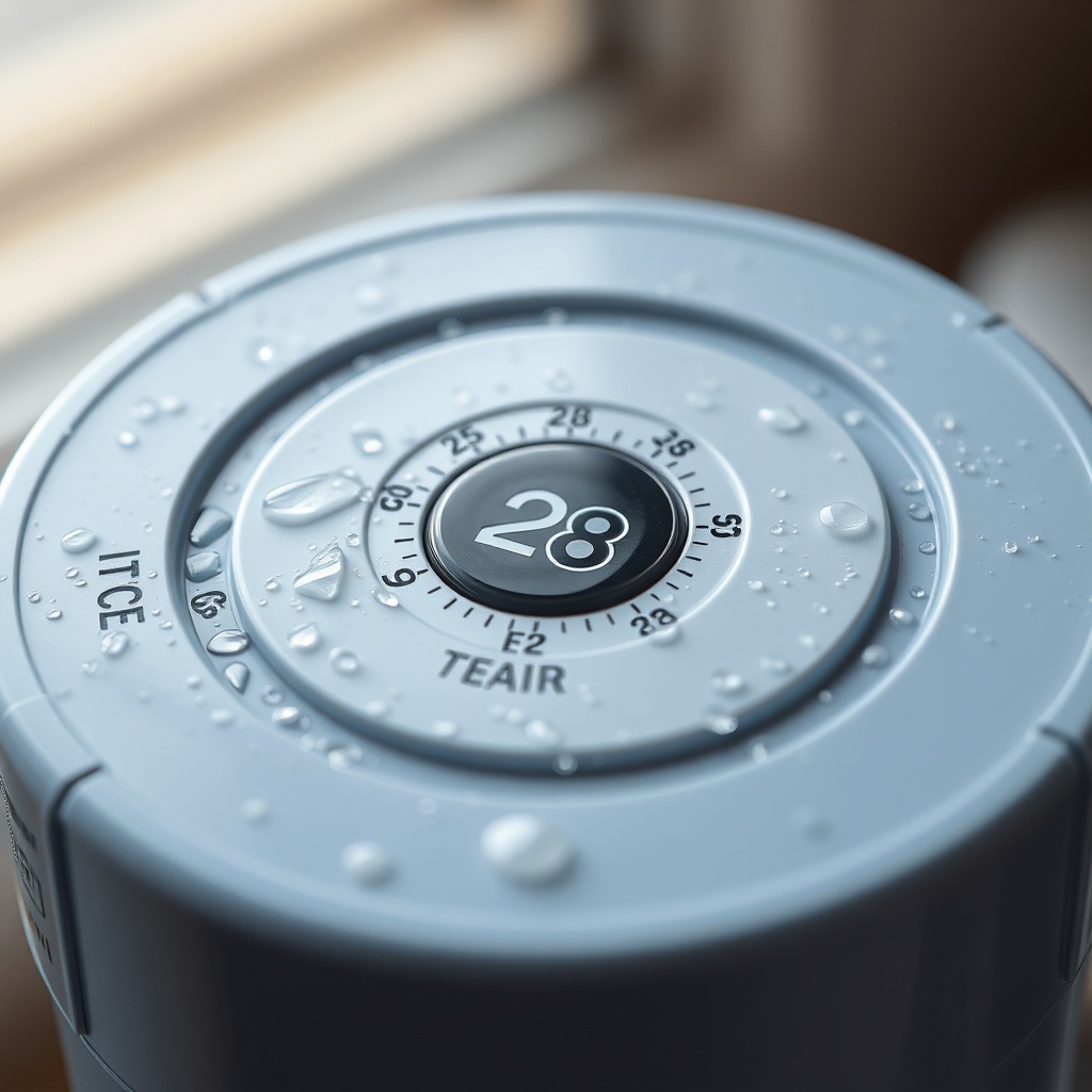 Photorealistic close-up shot of a Laica Jolly water filter top with the mechanical day cou
