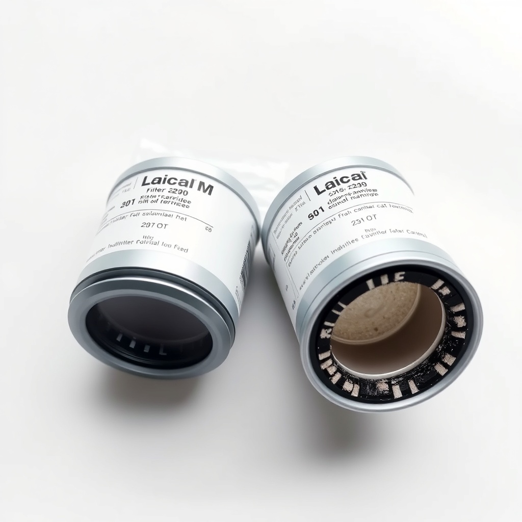 Photorealistic overhead shot of two Laica MJ filter cartridges sitting side by side on a c