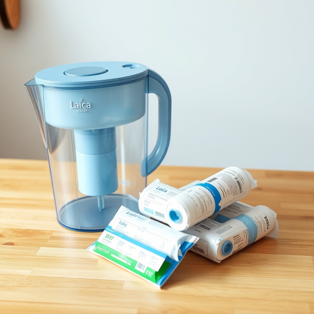 A clean flat-lay photo of a Laica Jolly water filter jug next to a pile of 4 original filt