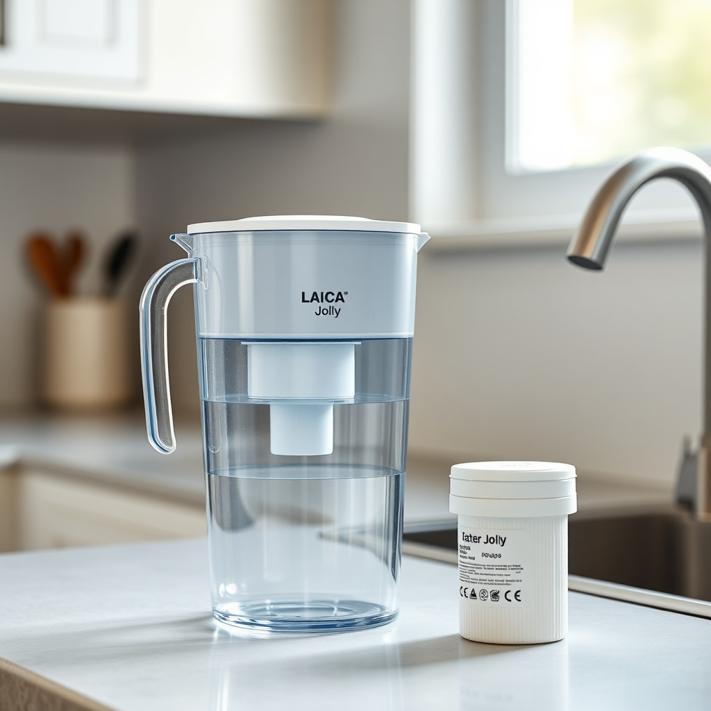 A clean photorealistic photo of a Laica Jolly water filter pitcher sitting on a kitchen co