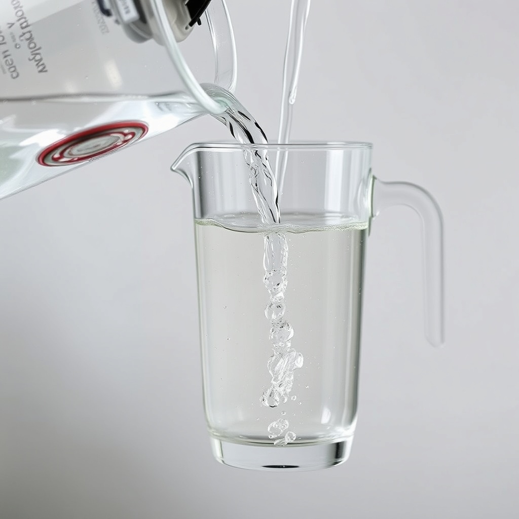 A close-up photorealistic photo of a clear glass pitcher of water being poured from a Laic