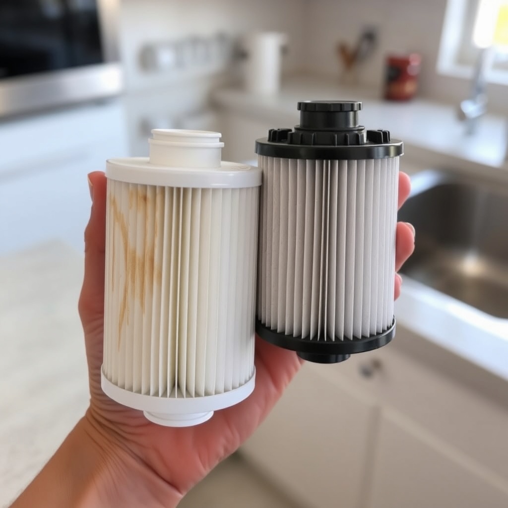 A realistic photo of a hand holding a used Laica Jolly filter cartridge next to a new one