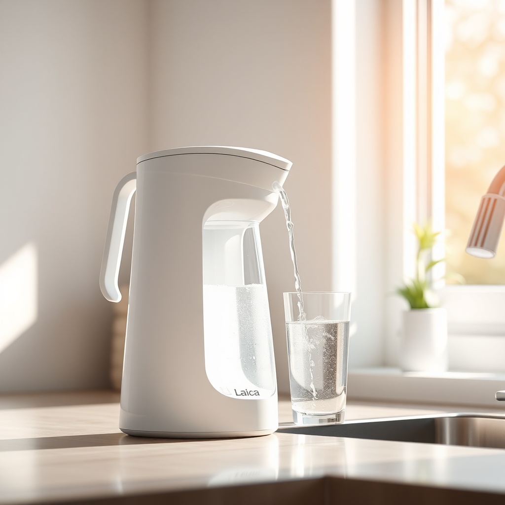 A photorealistic photo of a clean white Laica Jolly water filter pitcher on a kitchen coun