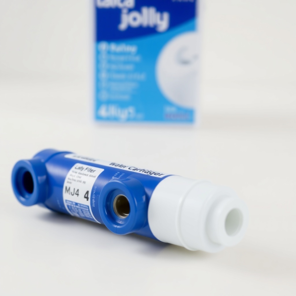 A clear photorealistic photo of a Laica Jolly water filter cartridge MJ4 on a white surfac