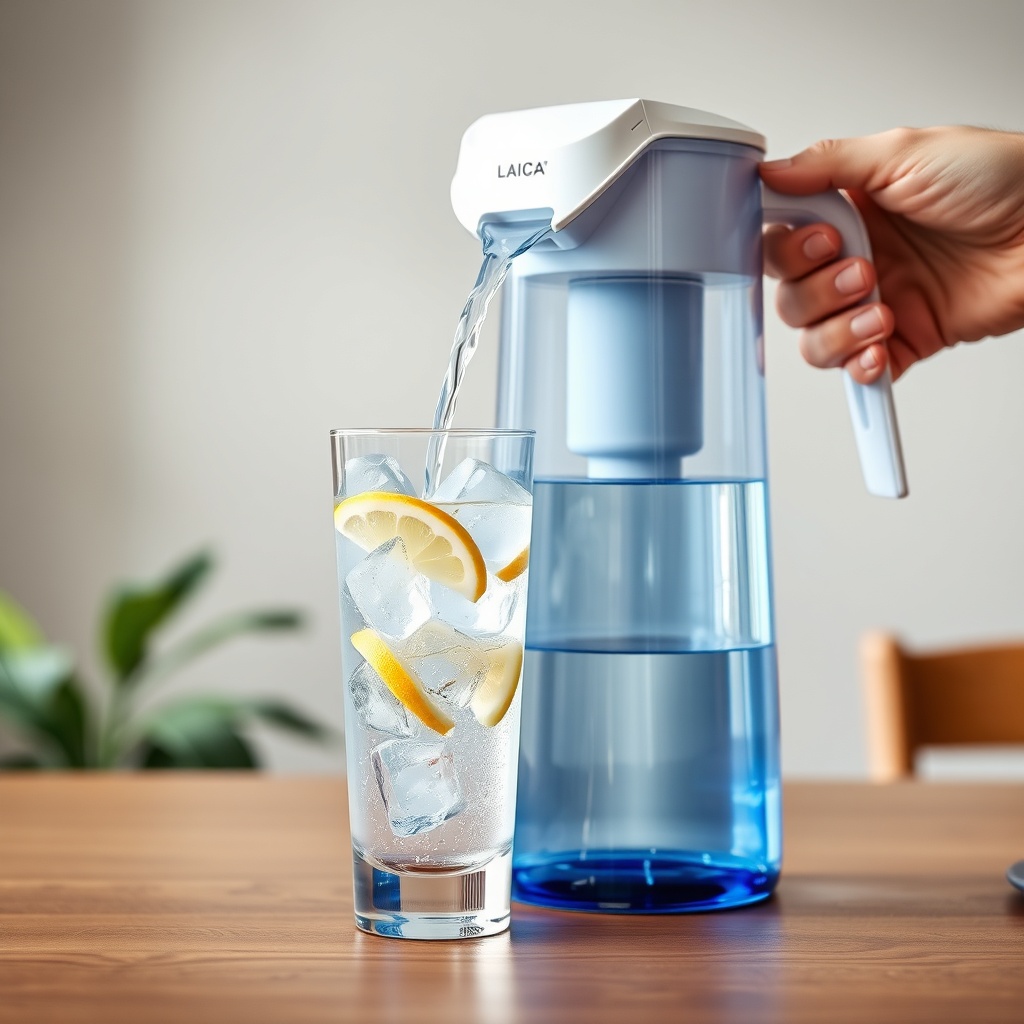 A high end product photo of a Laica Jolly water filter pitcher pouring clear filtered wate