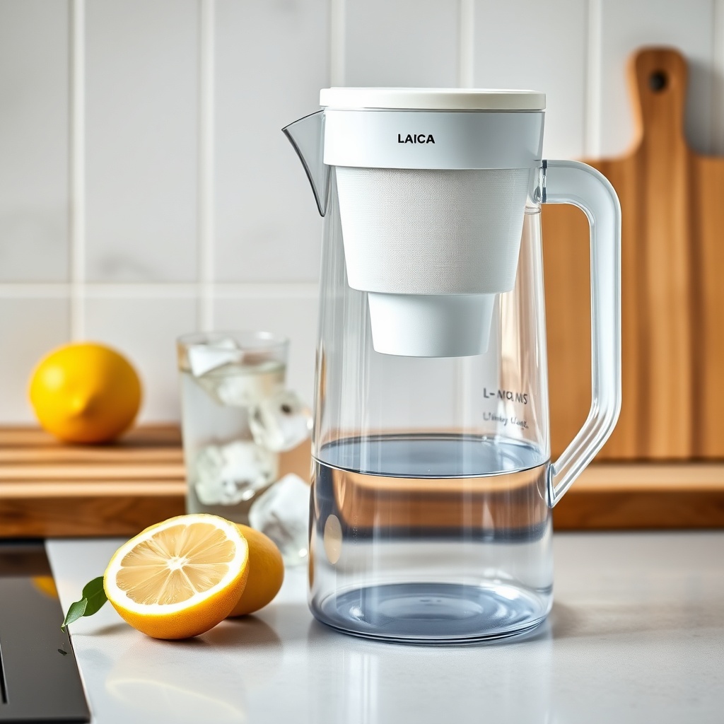 A realistic photo of a Laica Jolly filter pitcher on a kitchen counter